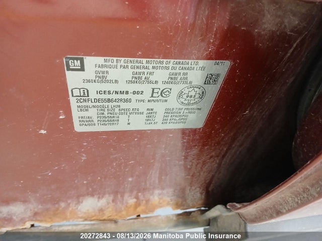 2011 Chevrolet Equinox Lt V6 მანქანა იყიდება აუქციონზე, vin: 2CNFLDE55B6428360, აუქციონის ნომერი: 20272843