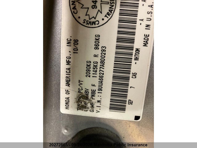 Aukcja sprzedaży 2007 Acura Tl, vin: 19UUA66277A800293, numer aukcji: 20272865