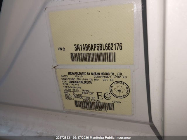 20272893 :رقم المزاد ، 3N1AB6AP5BL662176 vin ، 2011 Nissan Sentra 2.0 S مزاد بيع