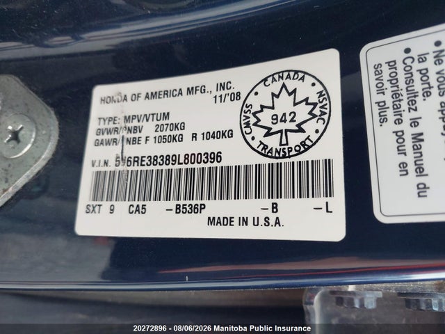 2009 Honda Cr-v Ex მანქანა იყიდება აუქციონზე, vin: 5J6RE38389L800396, აუქციონის ნომერი: 20272896