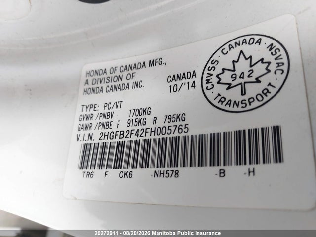 Honda Civic Lx 2015 2HGFB2F42FH005765 Image 9