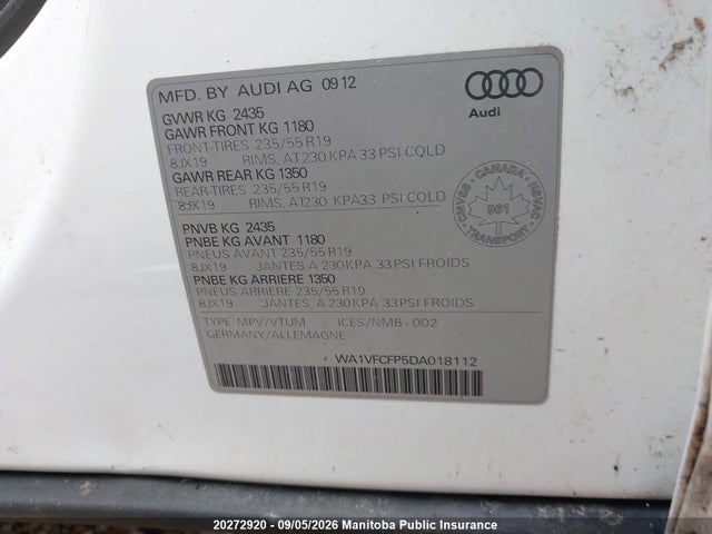 Продаж на аукціоні авто 2013 Audi Q5, vin: WA1VFCFP5DA018112, номер лоту: 20272920