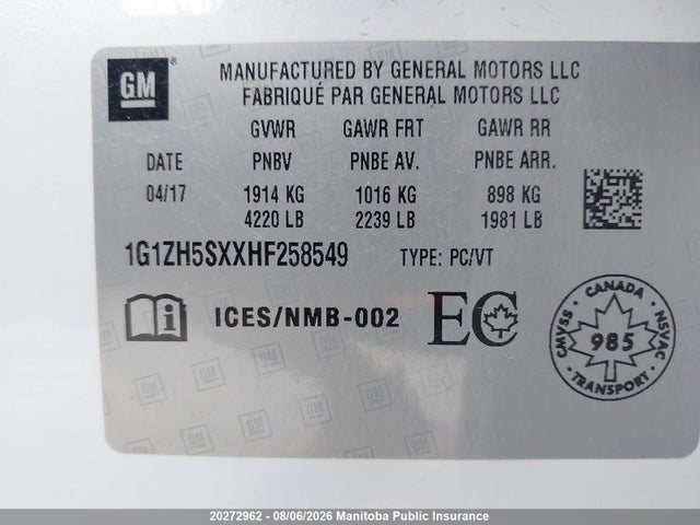 2017 Chevrolet Malibu Premier მანქანა იყიდება აუქციონზე, vin: 1G1ZH5SXXHF258549, აუქციონის ნომერი: 20272962