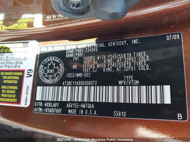Продажа на аукционе авто 2009 Toyota Venza, vin: 4T3BE11A99U006072, номер лота: 20272969