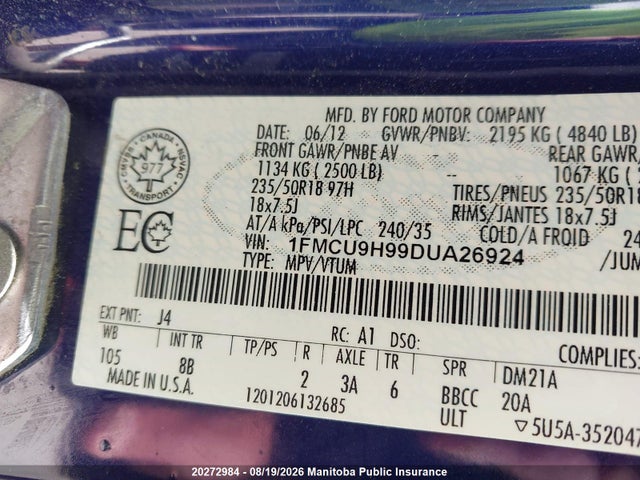 Продажа на аукционе авто 2013 Ford Escape Sel, vin: 1FMCU9H99DUA26924, номер лота: 20272984