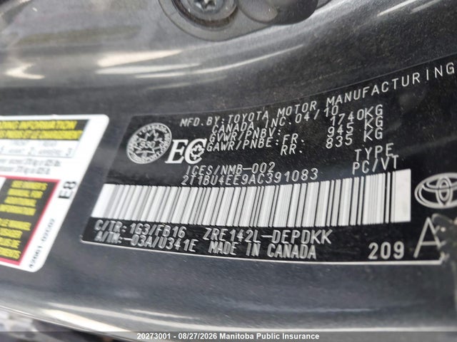 2010 Toyota Corolla Le მანქანა იყიდება აუქციონზე, vin: 2T1BU4EE9AC391083, აუქციონის ნომერი: 20273001
