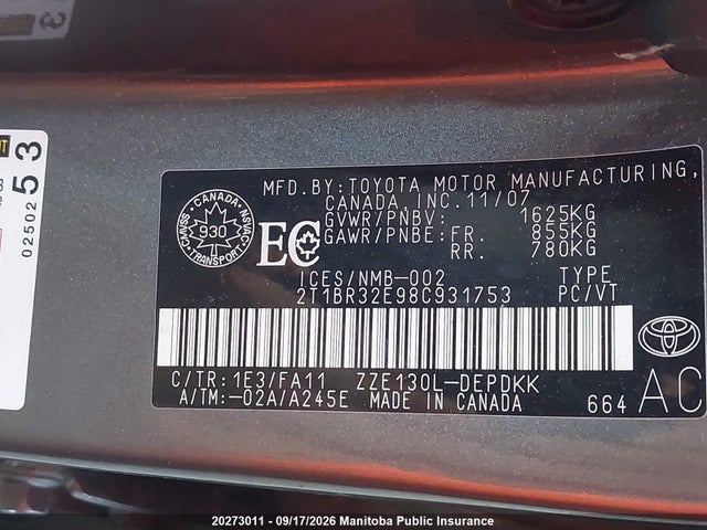 Продажа на аукционе авто 2008 Toyota Corolla Ce, vin: 2T1BR32E98C931753, номер лота: 20273011