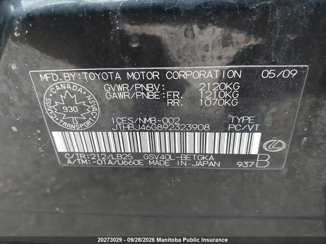 Aukcja sprzedaży 2009 Lexus Es 350 350, vin: JTHBJ46G892323908, numer aukcji: 20273029