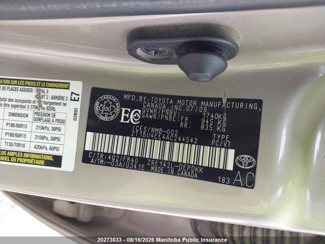 2010 Toyota Corolla Ce მანქანა იყიდება აუქციონზე, vin: 2T1BU4EE4AC244542, აუქციონის ნომერი: 20273033