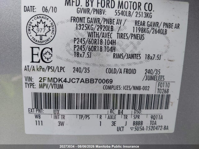 Продаж на аукціоні авто 2010 Ford Edge Sel, vin: 2FMDK4JC7ABB70069, номер лоту: 20273034