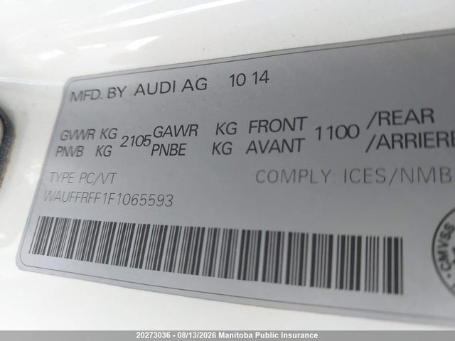 20273036 :رقم المزاد ، WAUFFRFF1F1065593 vin ، 2015 Audi S3 2.0t Quattro مزاد بيع