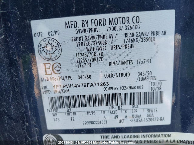 Продаж на аукціоні авто 2009 Ford F150 Xlt Supercrew, vin: 1FTPW14V79FA71263, номер лоту: 20273040