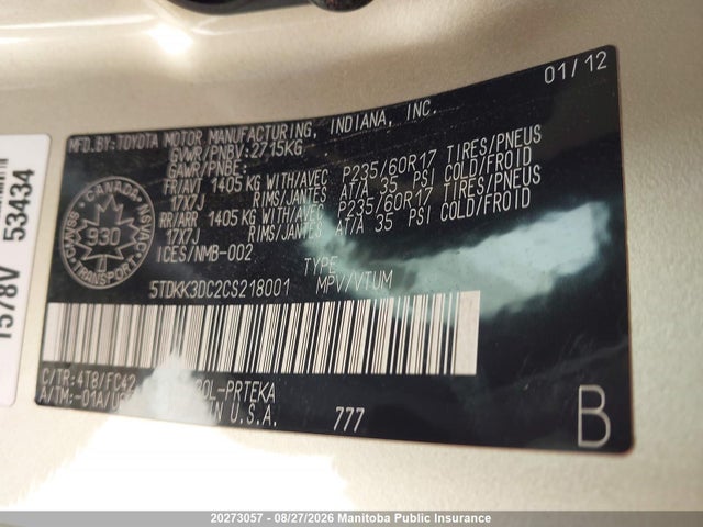 20273057 :رقم المزاد ، 5TDKK3DC2CS218001 vin ، 2012 Toyota Sienna Se V6 مزاد بيع