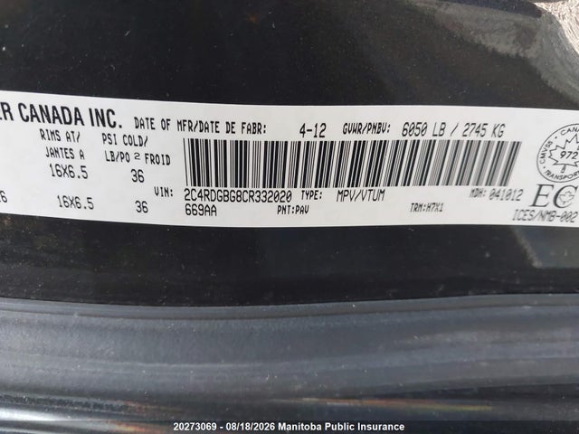 Продаж на аукціоні авто 2012 Dodge Grand Caravan Se, vin: 2C4RDGBG8CR332020, номер лоту: 20273069