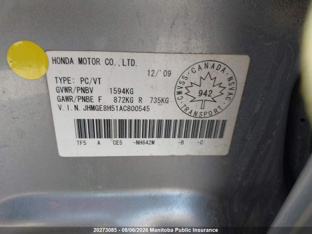 Aukcja sprzedaży 2010 Honda Fit Lx, vin: JHMGE8H51AC800545, numer aukcji: 20273085
