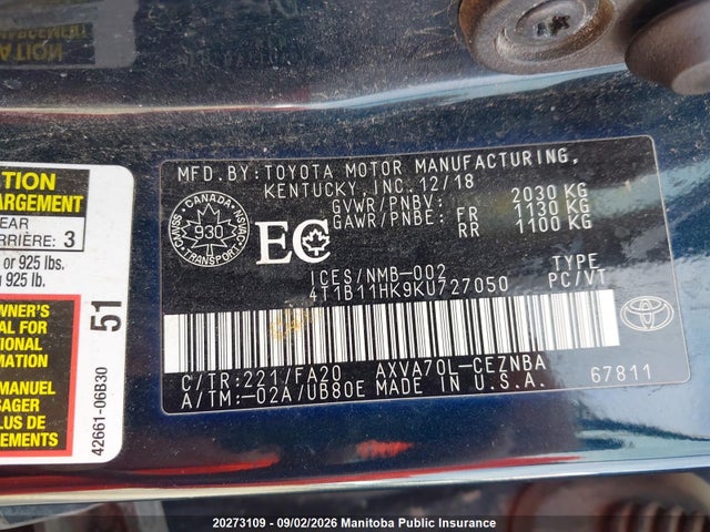 Aukcja sprzedaży 2019 Toyota Camry Le, vin: 4T1B11HK9KU727050, numer aukcji: 20273109