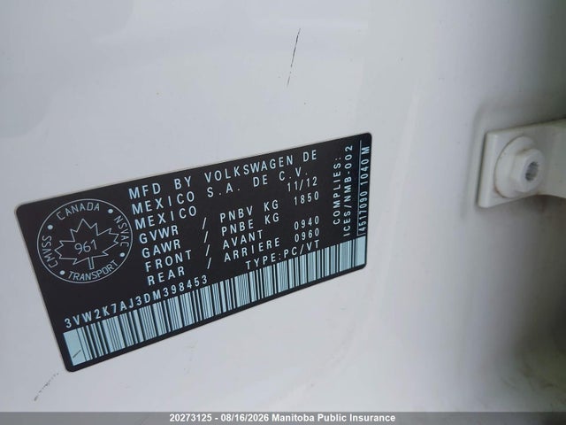 Продаж на аукціоні авто 2013 Volkswagen Jetta 2.0, vin: 3VW2K7AJ3DM398453, номер лоту: 20273125
