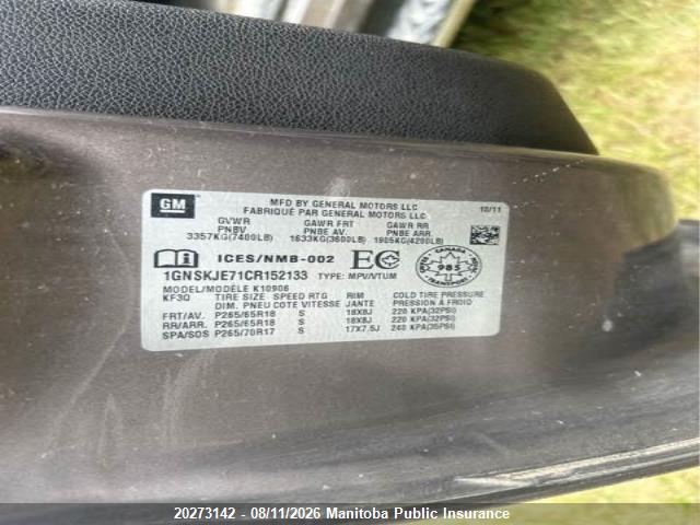 Aukcja sprzedaży 2012 Chevrolet Suburban 1500 Lt, vin: 1GNSKJE71CR152133, numer aukcji: 20273142