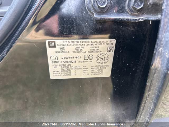 20273144 :رقم المزاد ، 2GNFLGE32H6286215 vin ، 2017 Chevrolet Equinox Premier V6 مزاد بيع