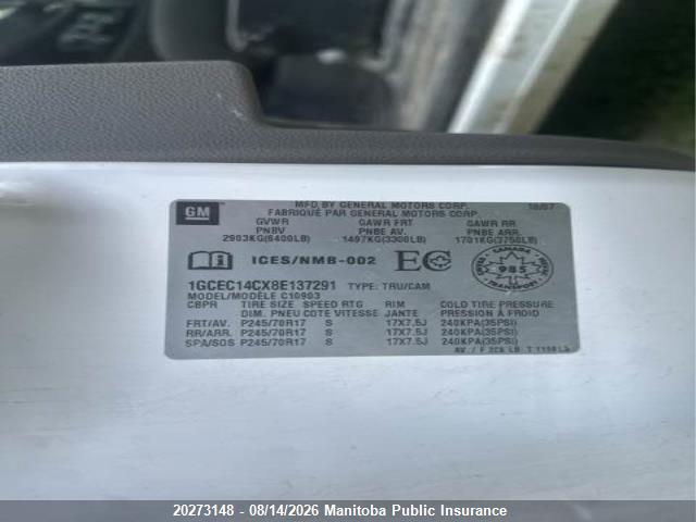 2008 Chevrolet Silverado 1500 Wt მანქანა იყიდება აუქციონზე, vin: 1GCEC14CX8E137291, აუქციონის ნომერი: 20273148