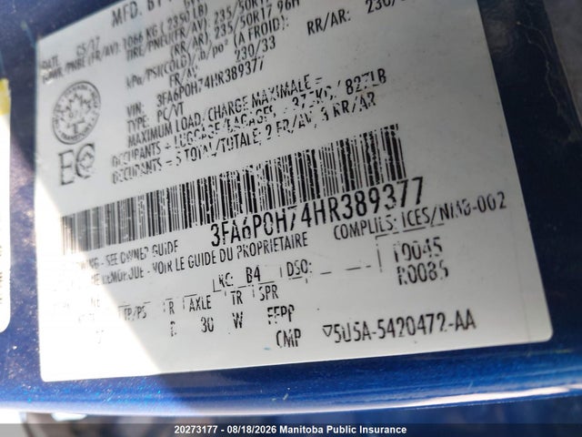 Ford FUSION SE 2017 3FA6P0H74HR389377 Image 9