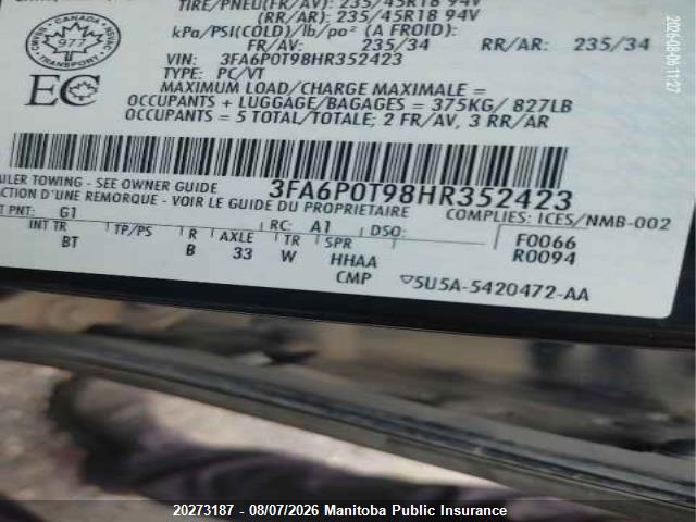 Ford FUSION SE 2017 3FA6P0T98HR352423 Image 9