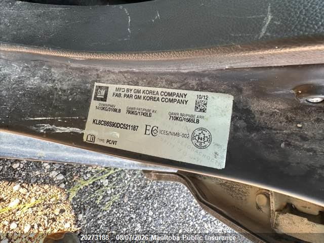 20273188 :رقم المزاد ، KL8CB6S90DC521187 vin ، 2013 Chevrolet Spark Ls مزاد بيع