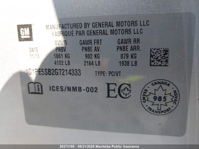 1G1PE5SB2G7214333 Chevrolet Cruze Lt Turbo