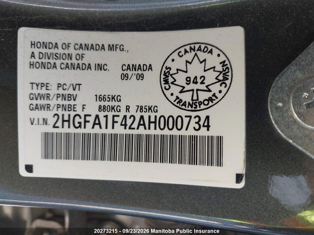 Aukcja sprzedaży 2010 Honda Civic Ex, vin: 2HGFA1F42AH000734, numer aukcji: 20273215