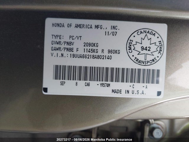 Продаж на аукціоні авто 2008 Acura Tl, vin: 19UUA66218A802140, номер лоту: 20273217