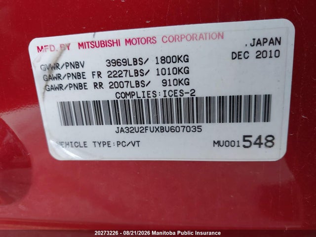 Продажа на аукционе авто 2011 Mitsubishi Lancer Se, vin: JA32U2FUXBU607035, номер лота: 20273226