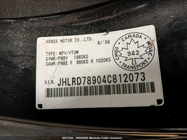 Продаж на аукціоні авто 2004 Honda Cr-v Ex, vin: JHLRD78904C812073, номер лоту: 20273244