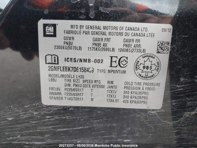 2013 Chevrolet Equinox Lt მანქანა იყიდება აუქციონზე, vin: 2GNFLEEK7D6158459, აუქციონის ნომერი: 20273257