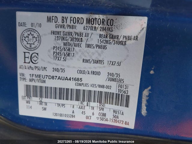 Продажа на аукционе авто 2010 Ford Explorer Xlt, vin: 1FMEU7D87AUA41685, номер лота: 20273265