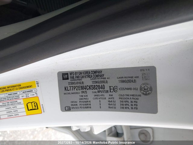 20273283 :رقم المزاد ، KL77P2EM4CK582840 vin ، 2012 Chevrolet Orlando Lt مزاد بيع