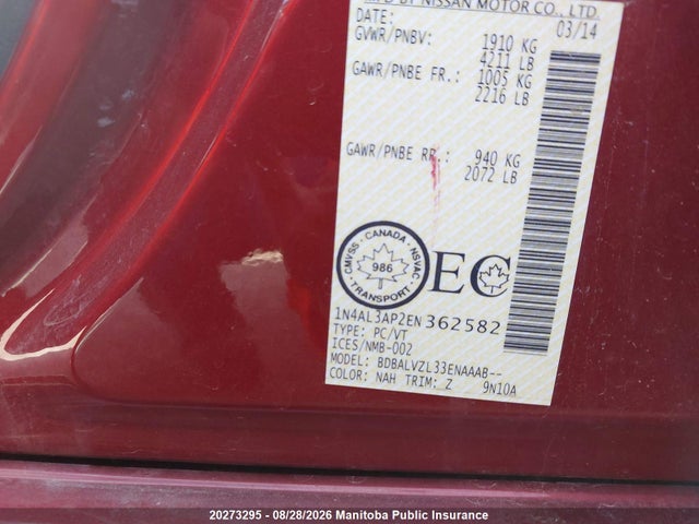 1N4AL3AP2EN362582 Nissan Altima 2.5 Sl