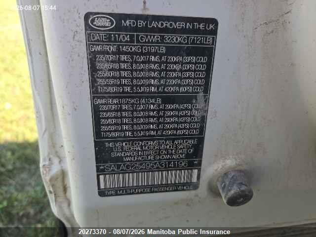 20273370 :رقم المزاد ، SALAG25495A314196 vin ، 2005 Land Rover Lr3 Hse V8 مزاد بيع