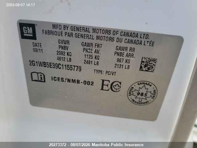 20273372 :رقم المزاد ، 2G1WB5E39C1155779 vin ، 2012 Chevrolet Impala Lt V6 مزاد بيع