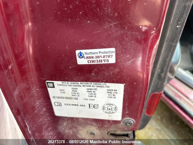 20273378 :رقم المزاد ، 2G1WU581869251168 vin ، 2006 Chevrolet Impala Ltz V6 مزاد بيع