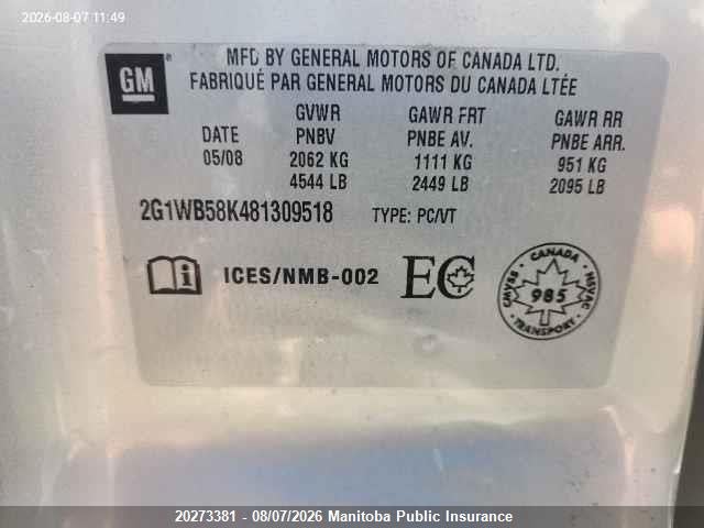 20273381 :رقم المزاد ، 2G1WB58K481309518 vin ، 2008 Chevrolet Impala Ls V6 مزاد بيع