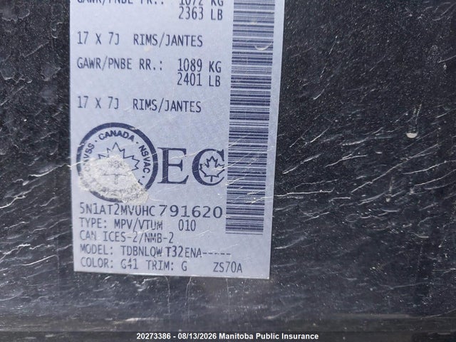 20273386 :رقم المزاد ، 5N1AT2MV0HC791620 vin ، 2017 Nissan Rogue Sv مزاد بيع