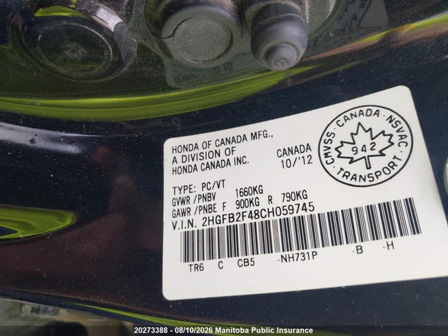 2012 Honda Civic Lx მანქანა იყიდება აუქციონზე, vin: 2HGFB2F48CH059745, აუქციონის ნომერი: 20273388