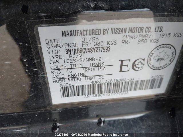 Продажа на аукционе авто 2025 Nissan Sentra 2.0 Sv, vin: 3N1AB8CV4SY277993, номер лота: 20273409