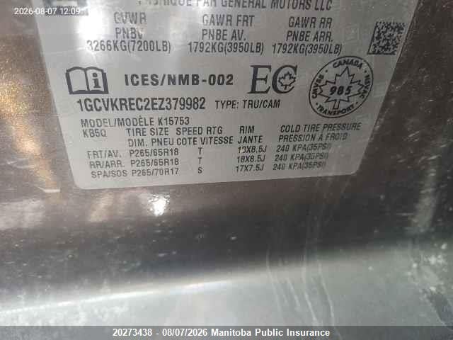 20273438 :رقم المزاد ، 1GCVKREC2EZ379982 vin ، 2014 Chevrolet Silverado 1500 Lt Double Cab مزاد بيع