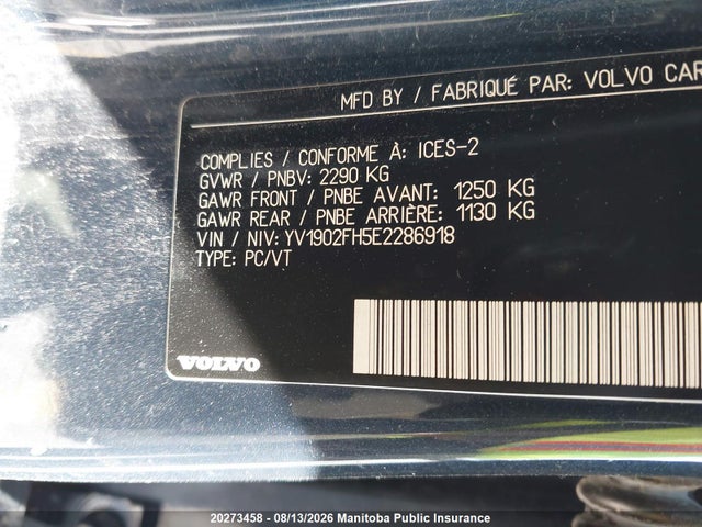 20273458 :رقم المزاد ، YV1902FH5E2286918 vin ، 2014 Volvo S60 T6 مزاد بيع