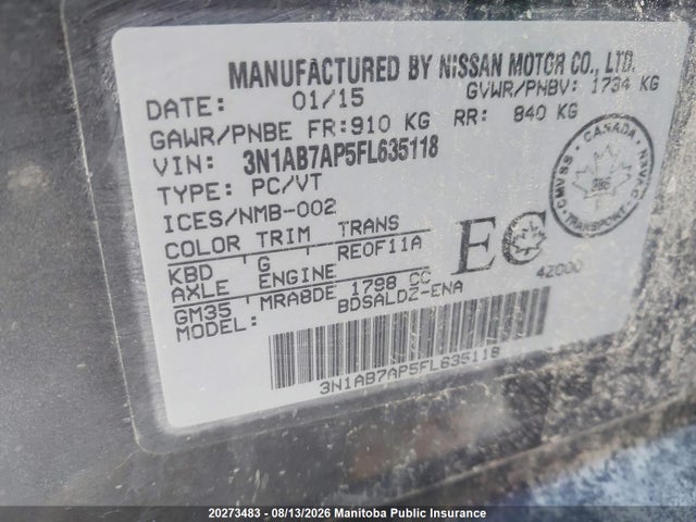 20273483 :رقم المزاد ، 3N1AB7AP5FL635118 vin ، 2015 Nissan Sentra 1.8 Sv مزاد بيع