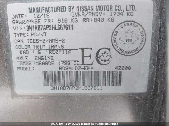 Продажа на аукционе авто 2017 Nissan Sentra 1.8 S, vin: 3N1AB7AP2HL667611, номер лота: 20273494