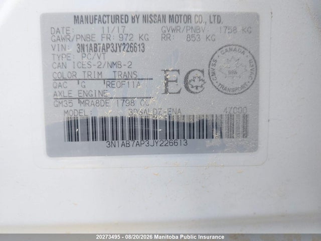 3N1AB7AP3JY226613 Nissan Sentra 1.8 Sv