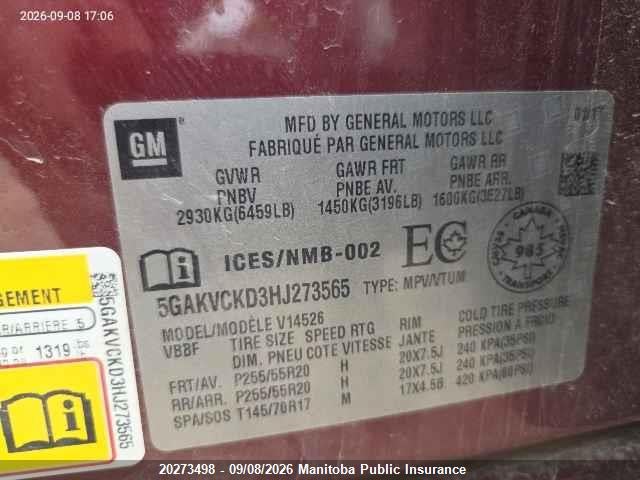 2017 Buick Enclave მანქანა იყიდება აუქციონზე, vin: 5GAKVCKD3HJ273565, აუქციონის ნომერი: 20273498