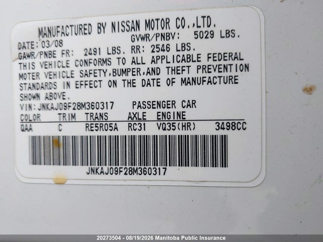 20273504 :رقم المزاد ، JNKAJ09F28M360317 vin ، 2008 Infiniti Ex35 مزاد بيع